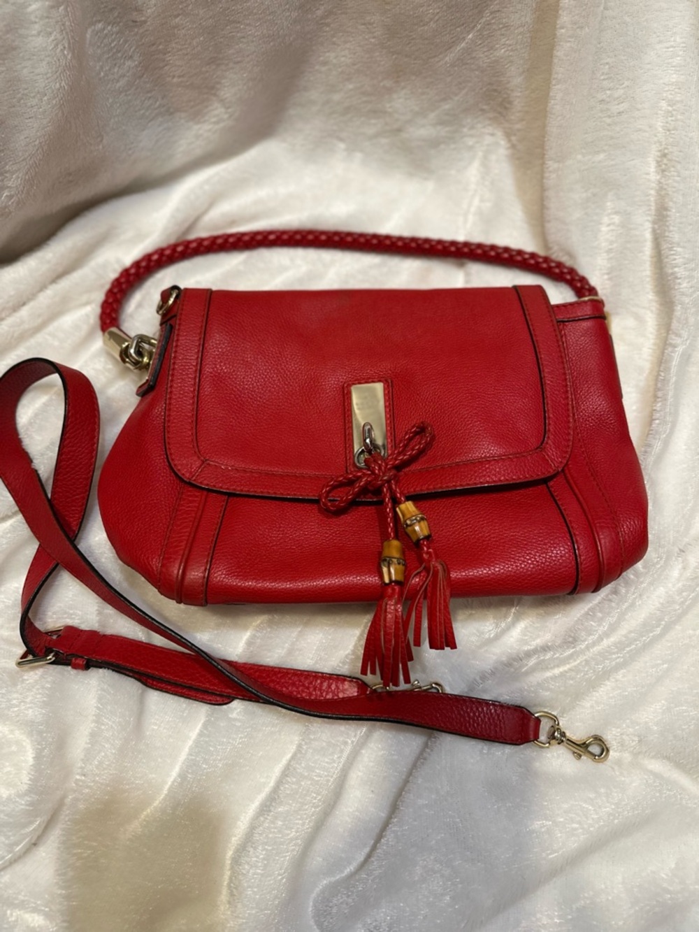 Gucci Red Leather Crossbody with Braided Strap and Tassels